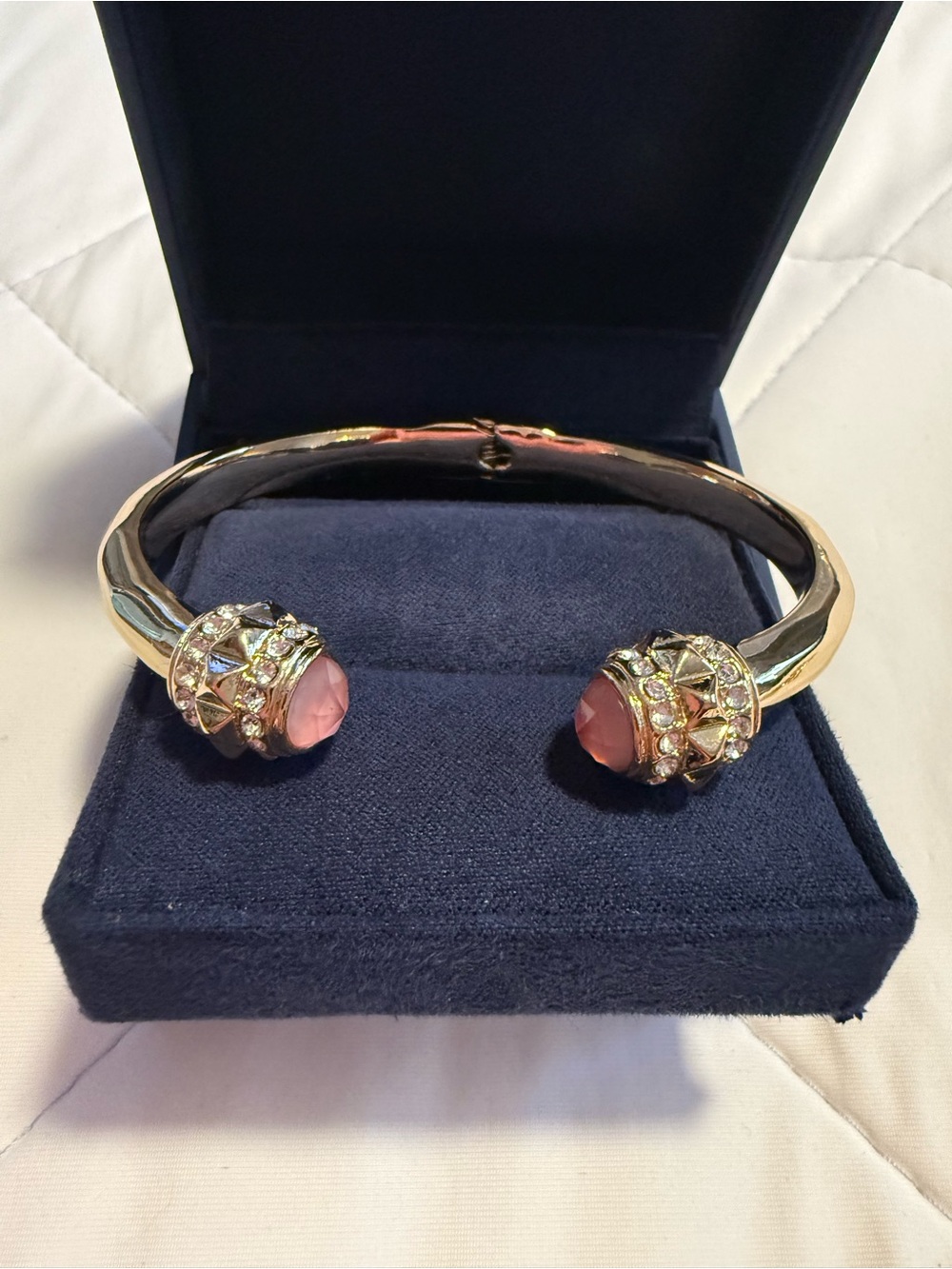 Gold Plated Pink Crystal Open Cuff Hinge Bracelet NWOT